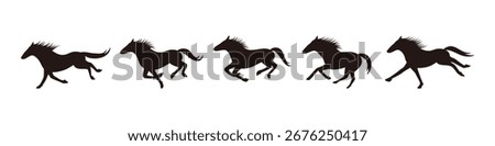 Running horse silhouette sequence set, black vector illustration showing multiple poses in motion, expressing speed, power, and dynamic movement, ideal for animation, design, and creative projects