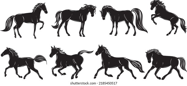 running horse silhouette set on white background isolated, vector