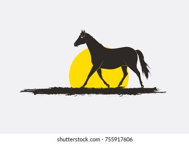 Running Horse Silhouette in Sunset Vector