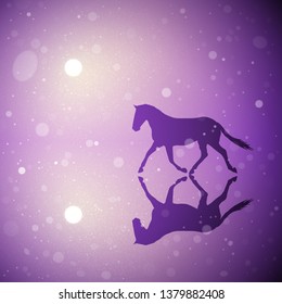 Running horse at sunrise. Vector conceptual illustration with silhouette of beautiful animal reflected in water in park. Pastel background with sun and flying fluff