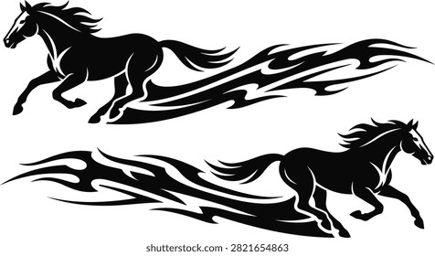 Running horse vector set with tribal flame trail for car and motorcycle decal.