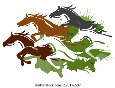 Running horses. Illustration of horses running through the tall grass.  Colorful Vector illustration on white background. 