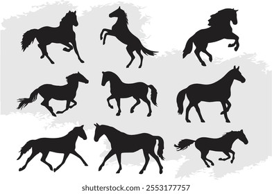 Caballos corriendo sobre fondo blanco. Símbolos de carreras de caballos para diseñar póster, Anuncio o pegatina. Caballos galopantes Diseño minimalista en Vector editable. eps 10