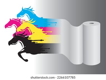 
Running horses with print colors on roll of paper.
Illustration of Four horse silhouettes with cmyk color splashes. Concept for presenting of fast color printing. Vector available.