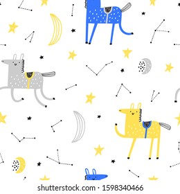 Running horses and stars. Cute seamless pattern. Perfect for kids fabric, textile, nursery wallpaper and holiday wrapper. Vector Illustration.