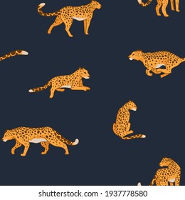 Running Or Hunting Animal, Big Cat In Motion. Speedy Cheetah Or Leopard With Sports On Fur. Chasing And Leaping, Jumping And Sitting Predator In Calm Position. Seamless Pattern, Vector In Flat Style