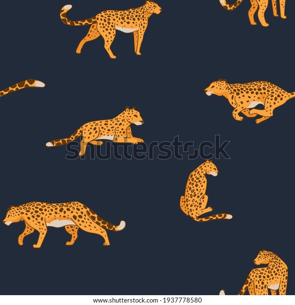 Running or hunting animal, big cat in motion.\
Speedy cheetah or leopard with sports on fur. Chasing and leaping,\
jumping and sitting predator in calm position. Seamless pattern,\
vector in flat style