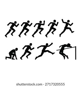 Conjunto de iconos de secuencia de siluetas de running y vallas