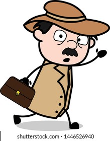 Running In Hurry With Briefcase - Retro Cartoon Police Agent Detective Vector Illustration