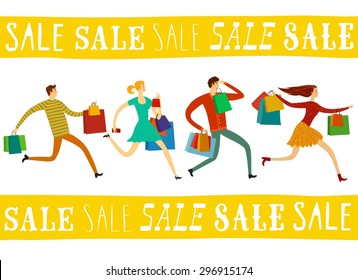 Running Hurry Young People With Shopping Bags Cartoon Illustration.Sale Theme For Your Design