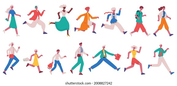 Running hurrying people. Jogging adult characters and kids, hurrying business people vector illustration set. Hurry running people to work or teenagers with backpacks late to school - Shutterstock ID 2008827242