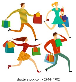 Running and hurrying young people with shopping bags. cartoon illustration. Sale theme for your design