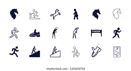 Running icon. collection of 18 running filled and outline icons such as horse, exercising, man with case, trainers. editable running icons for web and mobile.