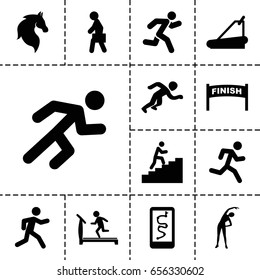 Running icon. set of 13 filled runningicons such as horse, exercising, treadmill, running, man with case, man climbing stairs, running man, finish