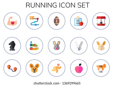 running icon set. 15 flat running icons.  Collection Of - exercise, horse, track, diet, american football, rabbit, well, run