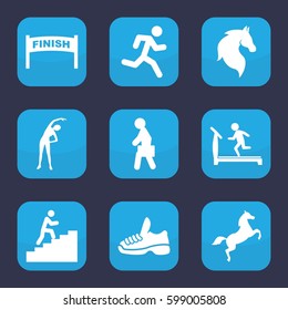running icon. Set of 9 filled running icons such as horse, exercising, treadmill, man with case, trainers, man climbing stairs, running man