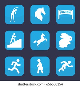 Running icon. set of 9 filled running icons such as rabbit, horse, exercising, man with case, man climbing stairs