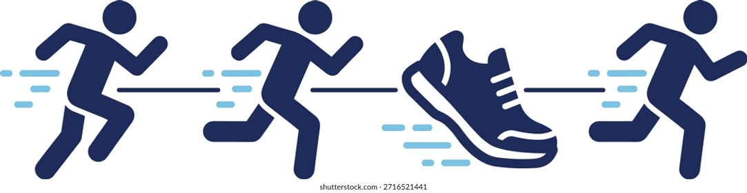 Conjunto de iconos de running, símbolos de movimiento atlético, zapatillas de deporte y líneas de velocidad, Vector azul oscuro para deportes y fitness UI