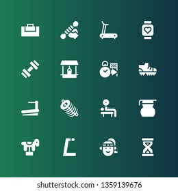 running icon set. Collection of 16 filled running icons included Sandclock, Athlete, Gym, Horse, Measuring glass, Weightlifting, Dung, Treadmill, Football shoes, Deadline, Well