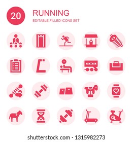 running icon set. Collection of 20 filled running icons included Trainer, Treadmill, Running, Well, Dung, Workout, Gym, Weightlifting, Deadline, Gym bag, Fitness, Horse, Pulsometer