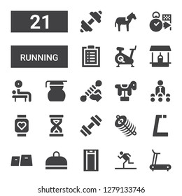 running icon set. Collection of 21 filled running icons included Treadmill, Running, Gym, Dung, Sandclock, Pulsometer, Trainer, Horse, Fitness, Measuring glass, Weightlifting