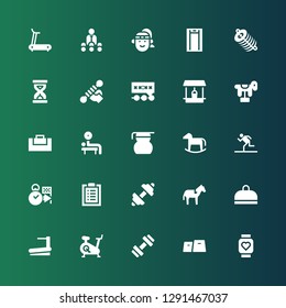 running icon set. Collection of 25 filled running icons included Pulsometer, Gym, Treadmill, Horse, Fitness, Workout, Deadline, Running, Measuring glass, Weightlifting, Gym bag