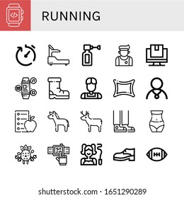 ejecutar conjunto de iconos. Colección de Smartwatch, Tiempo de entrega, Fitness, pulverización de oído, atleta, seguimiento, zapatos, carreras, dieta, caballo, ciervo, zapatillas, ejercicios, gimnasta, iconos de zapatos