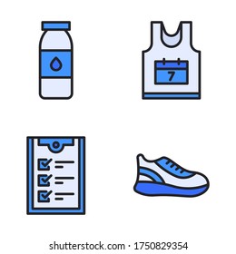 Juego de iconos en ejecución (línea rellena) = botella de bebida, camisa de correr, lista de verificación, zapatos de correr
