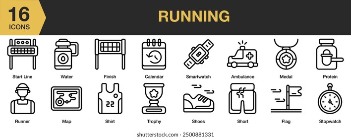Running icon set. Includes medal, shoes, shirt, start line, stopwatch, flag run, and More. Outline icons vector collection.