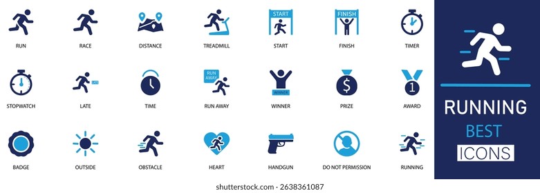 running icon set. This icon set is perfect for fitness, sports branding, race event materials, training apps, and any creative project related to running and athletics.