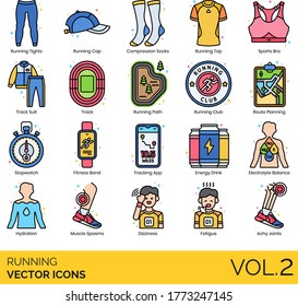 Running Icons Including Compression Socks, Sports Bra, Tracksuit, Club, Route Planning, Stopwatch, Fitness Band, Tracking App, Energy Drink, Electrolyte, Hydration, Muscle Spasm, Dizziness, Fatigue.