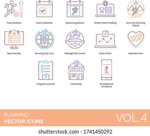 Running icons including prep workout, event calendar, upcoming race, online goal tracking, summer camp, results, city tour, midnight run, pace chart, valentine, progress journal, club shop, armband.