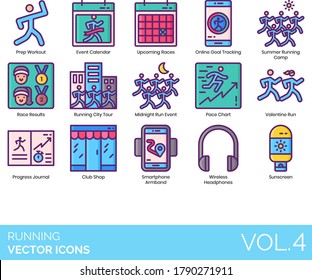 Running icons including prep workout, event calendar, online goal tracking, summer camp, results, city tour, midnight run, pace chart, valentine, club shop, smartphone armband, headphones, sunscreen.