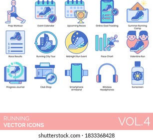 Running icons including prep workout, event calendar, upcoming race, online goal tracking, summer camp, results, city tour, midnight run, pace chart, valentine, progress journal, club shop, smartphone