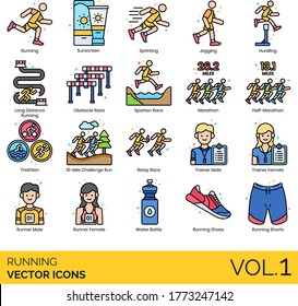 Running icons including sunscreen, sprinting, jogging, hurdling, long-distance, obstacle race, spartan, half marathon, triathlon, 10-mile challenge, relay, trainer, runner, water bottle, shoes, shorts