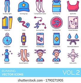 Running Icons Including Tights, Cap, Compression Socks, Top, Sports Bra, Suit, Stopwatch, Fitness Band, Tracking App, Energy Drink, Electrolyte Balance, Hydration, Muscle Spasm, Dizziness, Fatigue.