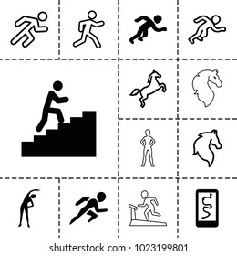 Running icons. set of 13 editable filled and outline running icons such as exercising, route and phone, running, man climbing stairs, horse