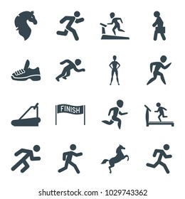 Running icons. set of 16 editable filled running icons such as treadmill, man with case, horse, trainers, exercising