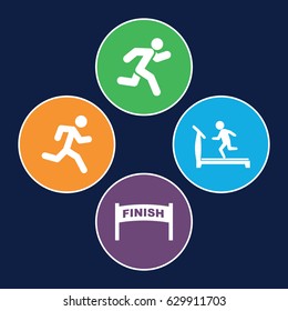 Running icons set. set of 4 running filled icons such as treadmill