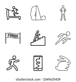 Running icons. set of 9 editable outline running icons such as treadmill, route and phone, running, man climbing stairs, rabbit, exercising