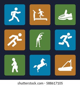 running icons set. Set of 9 running filled icons such as exercising, treadmill, running, man with case, horse