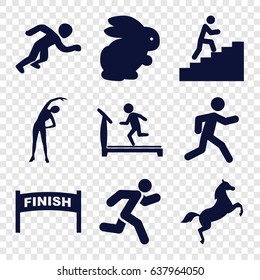 Running icons set. set of 9 running filled icons such as rabbit, exercising, treadmill, running, horse, man climbing stairs