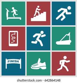 Running icons set. set of 9 running filled icons such as treadmill, running, trainers, man climbing stairs, finish