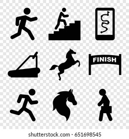 Running icons set. set of 9 running filled icons such as horse, treadmill, man with case, man climbing stairs, finish