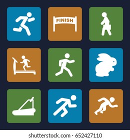Running icons set. set of 9 running filled icons such as rabbit, treadmill, running, man with case