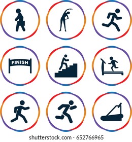 Running icons set. set of 9 running filled icons such as exercising, treadmill, man with case, man climbing stairs