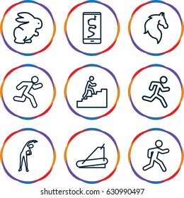 Running icons set. set of 9 running outline icons such as horse, rabbit, exercising, treadmill, man climbing stairs