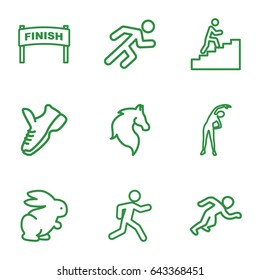 Running icons set. set of 9 running outline icons such as horse, rabbit, exercising, running, man climbing stairs, trainers