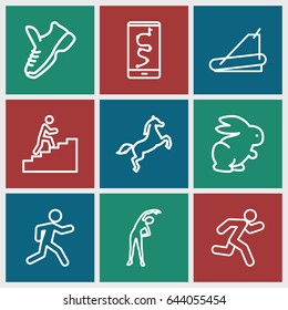 Running icons set. set of 9 running outline icons such as rabbit, exercising, treadmill, running, man climbing stairs, horse, trainers