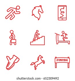 Running icons set. set of 9 running outline icons such as horse, treadmill, running, man with case, man climbing stairs, trainers, finish